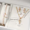 Frauen Uhren 5pcs/set Frauen glänzender Strassquarz analog Pu Leder Handgelenk Faux Pearl Jewelry Set Gift für Mutter ihr