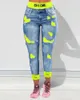 Gefälschte zweiteilige Patchworkausschnitt zerrissener Jeans Frauen Knöchel Länge Mode lässig Hochtütige Stifte Hose Denim 240506