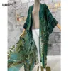 Moda Print Selfting Bingted Women Women Elegante Summer Holiday Bubble Sleeve Cardigan Beach Wear Swim Swim Cover Up Kimono