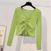 Frauen T-Shirt New 2024 Spring Womens T-Shirts Ladies V-Neck-Kernpullover Fe Slim Dünn feste Basis T-Shirt Avocado Green Strick-Tops D240507