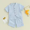 Kledingsets Kids Baby Boys Summer Cotton Linnen vaste mouwknoppen Tops en elastische taille Shorts Set 2pcs Infants H240507