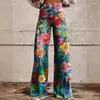 Pantalon féminin Femmes Vintage Floral Imprimé haute taille à la taille large pour un pantalon à boutons rétro avec des poches en détresse longtemps