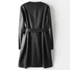 Genuine sheepskin leather jacket women's windbreaker jackets long trench coat with belt fashion outerwear S M L XL XXL