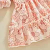 Rompers zomer baby babykleding meisjes kleedt fruit/bloem afdrukken ruches ruches korte mouw jumpsuit haarband voor pasgeboren kleding H240507