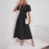 Designer -Kleid Frauen Sommer lässiger kurzärmelige Schnalle Taille Cinched Feste Farbe Baumwolle Super langes Hemdkleid Plus Größe Kleider