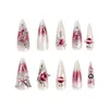 Faux ongles 24pcs de longueur de style goth pointu sur les pointes des ongles avec design en strass rouge couverture complète couverte portable artificiel nail pour filles T240507