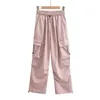 Fans de pantalons féminins 2024 femme y2k mode solide avec ceinture cargaison de bouton élastique décontracté poches bottoms féminins vêtements rose