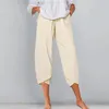 Women's Pants Harem For Women Cotton Linen Casual Loose Elastic Waist Pocket Trousers Vintage Solid Wide Leg Fashion Cropped