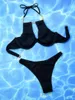 Kvinnors badkläder Bikini Set Sexig Black Cut Out Halter Mujer Underwire Swimsuit Women Wrinkled Bathing Suit Push Up Brazilian