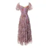 صيف الأرجواني الأزهار الطباعة فستان قصير الأكمام مربعة الرقبة تول ميدي الفساتين عارضة A4A291536