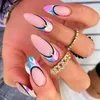 Valse nagels 24 stks blauwe Franse afgeschuinde rand valse nagels bloemontwerp volledige hoes nagel tips 3d steentjes zomer lange amandel nep nagels t240507