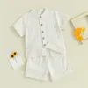 Kledingsets Kids Baby Boys Summer Cotton Linnen vaste mouwknoppen Tops en elastische taille Shorts Set 2pcs Infants H240507
