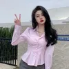 T-shirt féminin Elegant Striped Womens Y2K Street Vêtements pliable Tuning Cut Top coréen Fashion Simple Pink Long à manches slims à manches longues TOPL2405 MATTROS