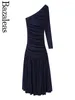 Sukienki codzienne 2024 Bazaleas Store Oficjalna granatowa asymetryczna damska sukienka damska z długim rękawem elegancka jedno ramię