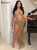 Casual Dresses Beyprern Chic Corset Crystal Twist Front Party Sparkle Nude Gold Rhinestone Fishnet Maxi Dress Birthday Outfits Clubwear