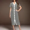 Casual Dresses Summer Striped Printed Long Dress For Women V-Neck Short Sleeve Maxi Female Button Up Slim Fit Bodycon