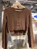 Kvinnors stickor retro Simple Brown O-Neck Knit Cardigan Kvinnor Autumn Cotton Casual Streetwear Slim Croped Sweaters Vintage Sweet Y2K Jumper