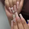False nagels 24 -stks Franse nepnagels met lijm lange vierkante valse nagels bloemstïne -strass ontwerppers op nagels draagbare kist nagel tips t240507