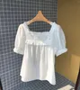 Женские блузки 2024 летний конец женщины сладкая хлопковая квадратная шея свободная блузя элегантная леди белая коротка с короткими пузырьками рубашка рубашка