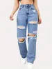 Blue Ripped Baggy Straight Jeans Poches Slash Disted High Taist Fit Denim Pantal