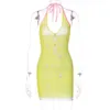 2024 Feng Spring New Lace Up pescoço pendurado na moda aberta estampa embrulhada vestido de quadril para mulheres