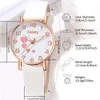 女性用時計6pcs/set women quartz wrist puレザーストラップ付きラインストーン要素ジュエリーセットギフト