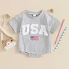 Rompers 4th of July Baby Infant Girls Boys Fuzzy Letter Flag Embroidery Crew Neck Short Sleeve Jumpsuits For Newborn Clothes H240507