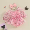 Rompers Valentines Day Dress Brate Infant Girls Heart Print Puff Sleeve Mesh Tulle Jumpsuit + عقال للملابس حديثي الولادة H240507