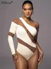 Sifreyr jedno ramię siatka Sheer Bodysuit for Women Patchwork Fashion Sexy Y2K Body Tops High Schort Club Party Elegancki Romper 240423