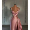 Avond kralen schede roze jurk riemen v nek party prom jurken ruches sweep trein split formele lange jurk voor speciale ocn