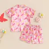 Pijama infantil garotas cetim cão impressão de cães de manga curta Tops virados para baixo com shorts de cintura elástica Sleepwear H240507