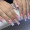 False nagels 24 -stks Franse nepnagels met lijm lange vierkante valse nagels bloemstïne -strass ontwerppers op nagels draagbare kist nagel tips t240507