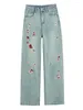 Damenjeans 2024 Sommer Koreanische Mode bestickt mit hoher Taille Vintage Blue Jeanshose Schlanke Weitbeinhosen