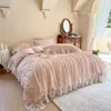 Beddengoeds sets gewassen katoen roze elegante ruches rand set zacht chic bloemen kanten ontwerp dekbedoverkap laken kussencases voor meisjes