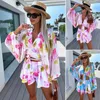 Contulaires de parcours féminins 2 PCS / SET FEMMES TOP Shorts Suit Colorful Print Long Lantern Sleeve Lace-Up Deep V Caly Cardigan BEACHWEAR Resort Copture