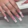 False unhas Decoração de arco branco Falsa unhas longa caixão de caixão falso Dicas de unhas Falsas Tampa completa SWT francesa destacável Pressione as unhas para mulheres T240507