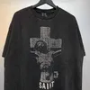 T-shirts Vintage Wash Black Saint Michael T Shirts Men Woman Hoge kwaliteit Saint Cross Letter Patroon O-Neck losse geliefden Top T-stukken J240506