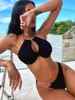 Kvinnors badkläder Bikini Set Sexig Black Cut Out Halter Mujer Underwire Swimsuit Women Wrinkled Bathing Suit Push Up Brazilian