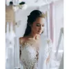 Country Style Summer A Dress Line Chiffon Wedding Sheer Neck Long Sleeve Lace Appliqued Sequins Illusion Bridal Jurys Ppliqued