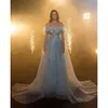 Синие платья для выпускного вечера A-Line с длинными рукавами Bateau Feather Appliques Appliques Sequint