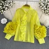 Женские блузки европейские и американские отвороты сборотной сборочной сшитой трехмерной цветочной рубашки верхняя весна