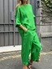 Kvinnor bomullslinne kläder mode o-hals Top Long Pant Suit Women Casual Short Sleeve Pocket Solo Loose 2pc Set 2405072