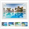 Pegatinas Vista de mar Mural Beach Palm Tree Paisery Fake 3d Window Art Vinyl Wall Seginas Decoración del hogar Póster Poster