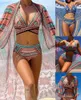Retro etnische stijl sjaal bikini cross -riem bra dames driedelige zwempak bluegreenred hoog taille strandkleding 2024 zomer 240426