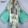 Kimono Boho Beach Tie-Dye Print Bikini Cobrida Sexy Vestidos para Playa Managem Longa Mulher Mulher Kaftan