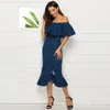 Sukienki imprezowe Kobiety Sexy Off ramion dżinsowe sukienki żeńskie Ruffles biuro dżinsy krótkie rękawy Bodycon Back Zipper Midi