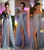 Robes de bal perlé sexy offshoulder avec des applications à manches longues paillettes Sparkle Robes Side Split Elegant Grey Formal Dre6843033