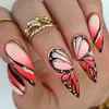 Valse nagels 24 stks blauwe Franse afgeschuinde rand valse nagels bloemontwerp volledige hoes nagel tips 3d steentjes zomer lange amandel nep nagels t240507