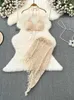 Robe en deux pièces bohème femme deux ensembles de peice crochet creux hors cou licou haut sans arrière + jupes lacets à paquets irréguliers y240508