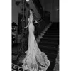 Rückenkleider reine Spitze Berta Ausschnitt Juwelenbrautkleider Bodenlänge Meerjungfrau Hochzeitskleid